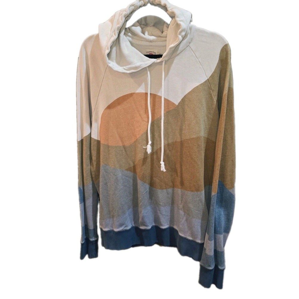 FAHERTY Sz L SOLEIL Neutral Sun Mountains Graphic Pullover Hoodie Sweatshirt